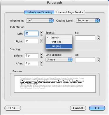 how to do a hanging indent mla format